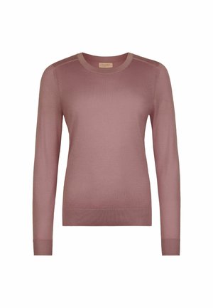Langærmet crewneck-sweater i støvet rosa med ribstrikkede manchetter og kant, vist på en ensfarvet hvid baggrund.