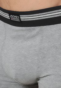 Cueca cinza de algodão com uma cintura elástica preta, adornada com duas riscas brancas e uma etiqueta com o logótipo da Jockey. Textura suave e design ajustado.