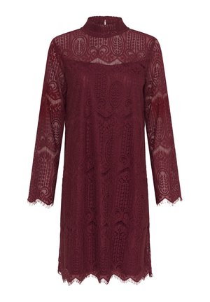 Abito in pizzo borgogna con maniche lunghe, colletto alto, motivi intricati e orlo scallopato. Tessuto trasparente che mette in mostra l'arte dei dettagli.