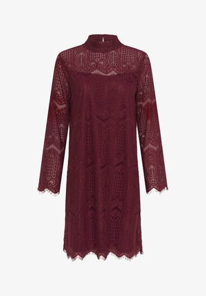 Burgunderfarbenes Spitzenkleid mit langen Ärmeln, hohem Hals, komplizierten Mustern und gewelltem Saum. Durchsichtige Textur, die die detaillierte Handwerkskunst zur Schau stellt.