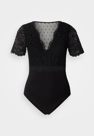 Zwart bodysuit met korte kanten mouwen, golvende halslijn en doorzichtige stippenmesh op de borst. Getailleerd ontwerp met een klassieke snit.