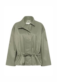 Lysegrøn olivengrøn jakke med krave, trykknapper, lynlåslukning, lange ærmer, to forlommer og en justerbar talje med snor.