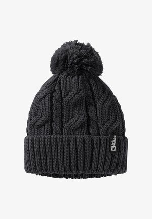 Schwarze gestrickte Beanie-Mütze mit Kabelmuster, gefaltetem Rippbündchen und flauschigem Pompon oben. Markenlabel am Bündchen.