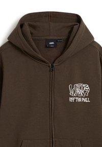 Sudadera con cremallera marrón y capucha, con el logo de Vans y el texto "Off The Wall" en blanco en el lado izquierdo del pecho.