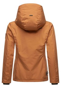 Orange waterproof jacket with a hood, featuring a smooth texture, adjustable cuffs, and logo detail on the upper left back.
