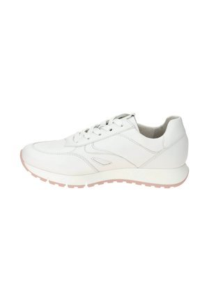 Witte sportieve schoen van leer, met een zachte bovenkant, ronde neus, lichtroze zool en vetersluiting met minimalistische accenten.