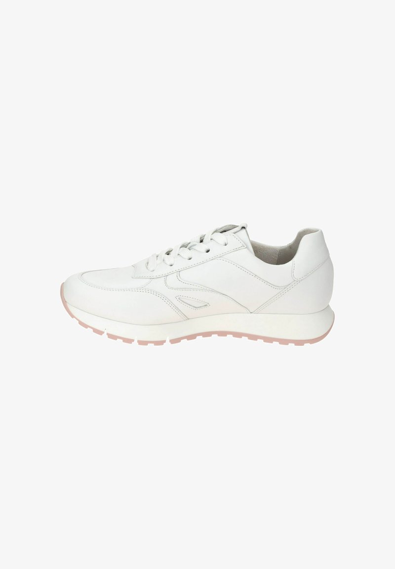 White athletic shoe made of leather, featuring a smooth upper, round toe, light pink sole, and lace-up design with minimalist accents.