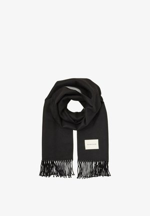 Schwarzer Schal aus weichem Stoff, mit fransigen Enden und rechteckiger Form. Ein kleines Etikett mit Markenlogo ist sichtbar.