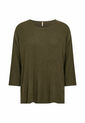 Oliven grøn langærmet top med afslappet pasform, ribbet tekstur og rund halsudskæring. Blød stof med sideislætter for at give ekstra bevægelse.