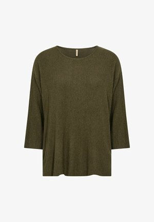 Olivnozeleni dolg rokav s sproščenim krojem, rebrasto teksturo in okrogel izrez. Mehka tkanina z bočnimi razporki za dodatno gibljivost.