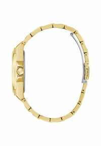 Orologio da polso in metallo dorato con quadrante rettangolare, dotato di una corona circolare e un design di bracciale a maglie interbloccate. Dettagli argentati sulla chiusura.