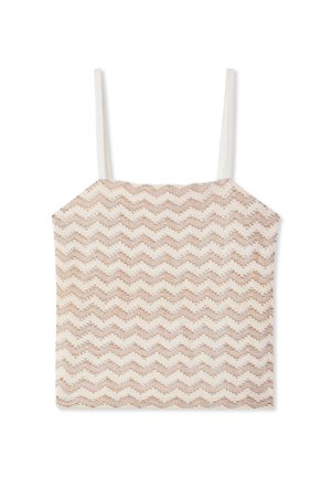 Top smanicato in pizzo crema e beige con motivo a zigzag, spalline sottili e scollo dritto.