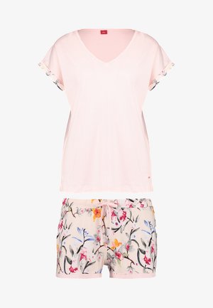 Helles rosa V-Ausschnitt-Oberteil mit kurzen Ärmeln und Shorts mit Blumenmuster, die einen Kordelzugbund haben. Hergestellt aus weichem Baumwollmaterial, lässiges Design.