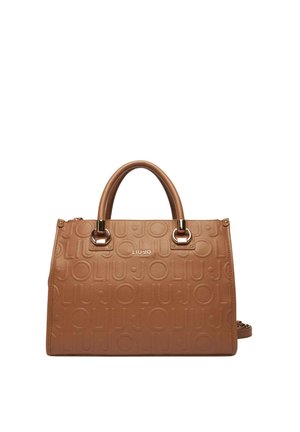Borsa a mano color cuoio in pelle goffrata con logo "LIU JO", dotata di doppi manici superiori, ferrature argentate e tracolla removibile.