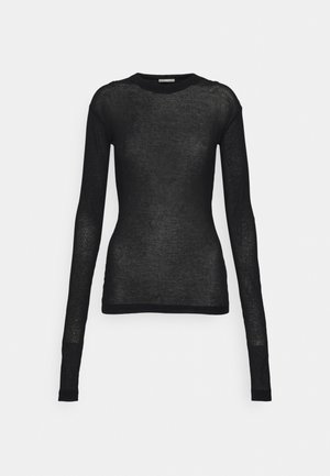 Haut noir à manches longues en tissu transparent et léger. Présente un col rond et une silhouette ajustée avec de subtils accents côtelés.