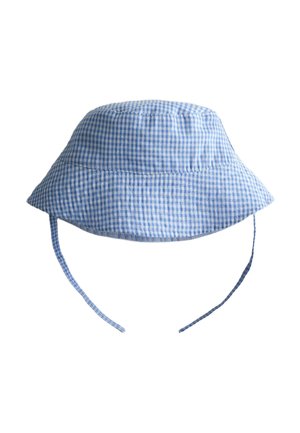 Pălărie tip pescăruș albă și albastră cu model în carouri, cu bor larg și curele pentru bărbie, concepută pentru protecție solară și prindere sigură.