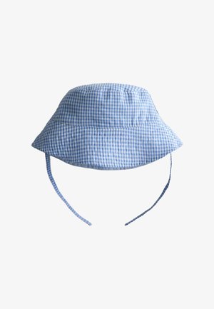 Blue and white gingham bucket hat with wide brim and chin straps, designed for sun protection and secure fit.
