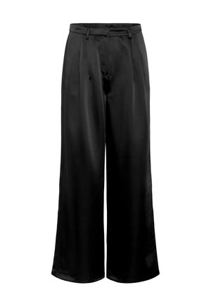Pantalon large en satin noir avec une texture lisse, doté d'une ceinture structurée et de plis avant pour un détail supplémentaire.
