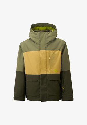 Ski jacket featuring a color-block design with green and yellow panels, a zippered pocket, and a peaked hood for added coverage.