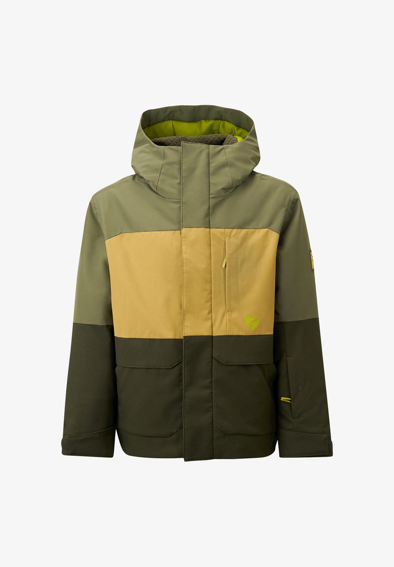 Ski jacket featuring a color-block design with green and yellow panels, a zippered pocket, and a peaked hood for added coverage.