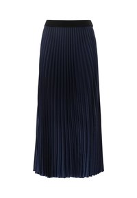 Navy-gestreifte Midirock mit elastischem schwarzen Bund. Verfügt über vertikale Falten, eine glatte Textur und einen geraden Saum.