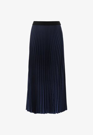 Navy-gestreifte Midirock mit elastischem schwarzen Bund. Verfügt über vertikale Falten, eine glatte Textur und einen geraden Saum.