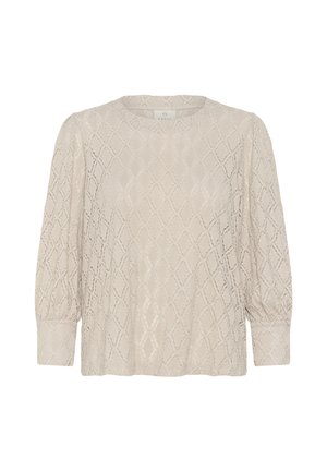 Light beige blouse featuring a textured diamond pattern, round neckline, and long puffed sleeves with elastic cuffs.