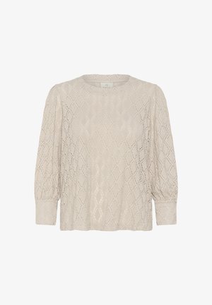 Ljusbeige blus med en texturerad diamantmönster, rund halsringning och långa puffärmar med elastiska ärmslut.