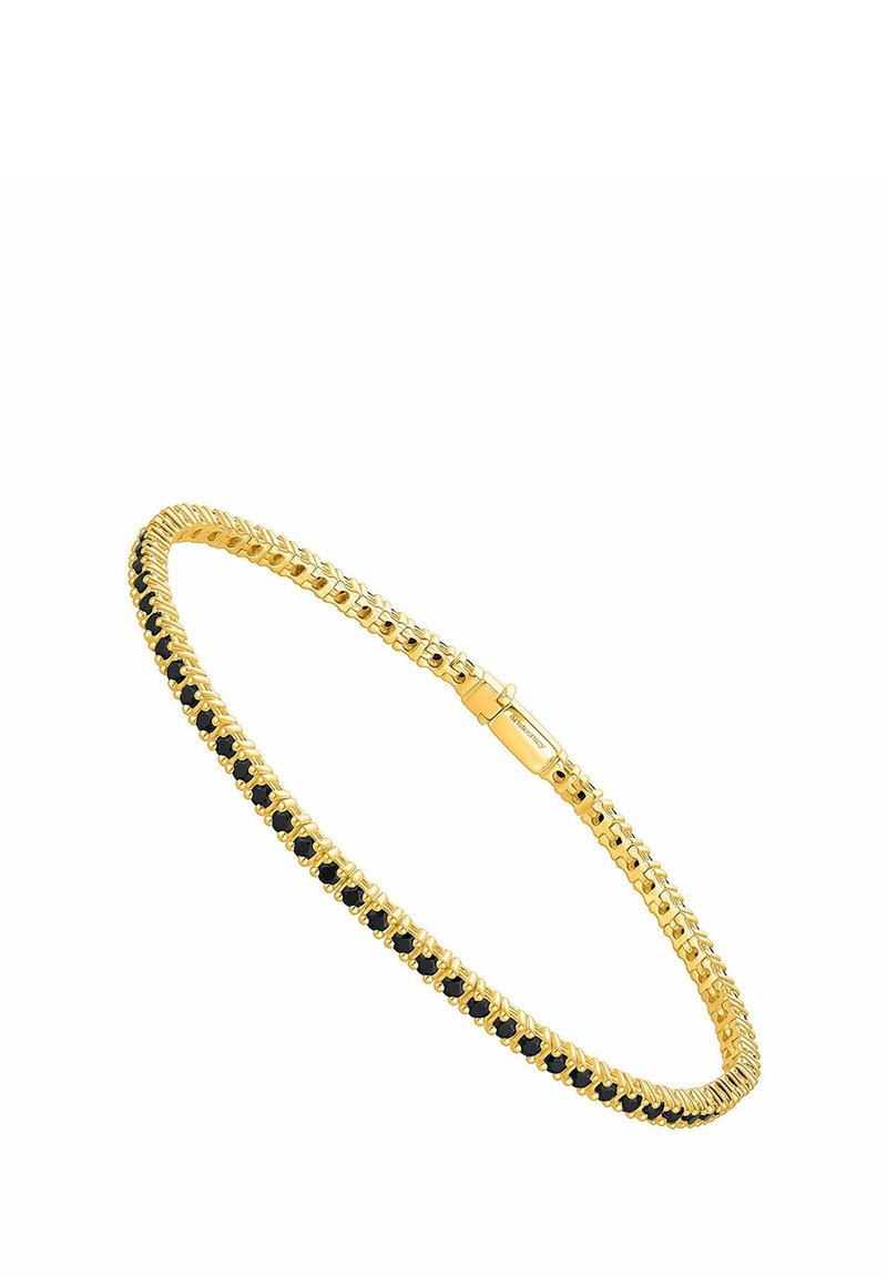 Pulsera de oro con un diseño delgado y entrelazado, con piedras preciosas negras engastadas de manera uniforme en un lado. Un cierre seguro une los extremos.