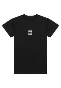 Czarna bawełniana koszulka z krótkim rękawem, z białym nadrukowanym logo "Looney Tunes" nad "DKNY" z przodu. Prosty design.