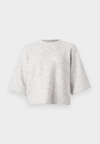 Maglione a maniche corte di colore grigio chiaro, con una vestibilità rilassata, realizzato in un morbido tessuto testurizzato, caratterizzato da un collo rotondo e spalle scese.