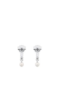 Pendientes de plata con un diseño de perla transparente y un distintivo colgante de perla. Superficie pulida y elegante con una estética minimalista.