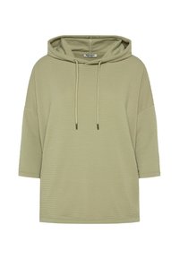 Hooded sweatshirt in light olive green, made from ribbed fabric. Features a drawstring at the neck and short, wide sleeves.