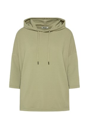 Hooded sweatshirt in light olive green, made from ribbed fabric. Features a drawstring at the neck and short, wide sleeves.