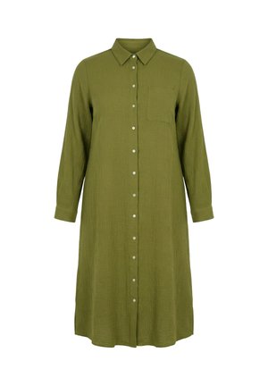 Košile šaty s dlouhým rukávem v olivově zelené barvě, zapínání na knoflíky, límec a náprsní kapsa, texturovaná látka, délka ke kolenům.