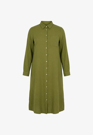 Langærmet olivengrøn skjortekjole med knapper, krave og brystlomme, tekstureret stof, knælængde.