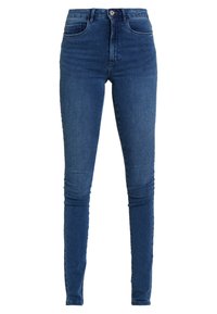 Calças de ganga skinny de cintura alta em denim azul escuro, com uma textura suave, design de cinco bolsos e fecho frontal com botão.