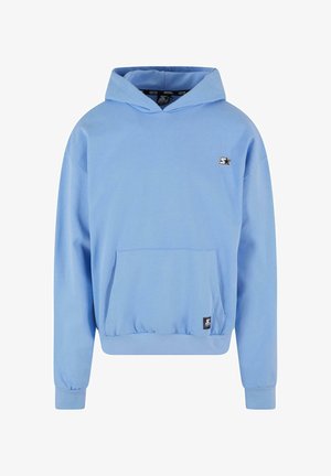 Helesinine kapuutsiga sviiter, mis on valmistatud pehmest kangast, esiosas on tasku, varrukatel on soonilised ääred ja rinnal on väike logo.