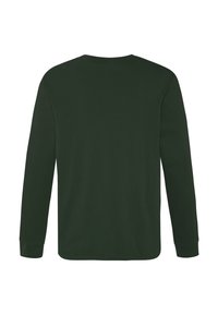 Donkergroen katoenen T-shirt met lange mouwen, voorzien van een ronde hals en een rechte zoom. Zachte textuur zonder zichtbare patronen of versieringen.