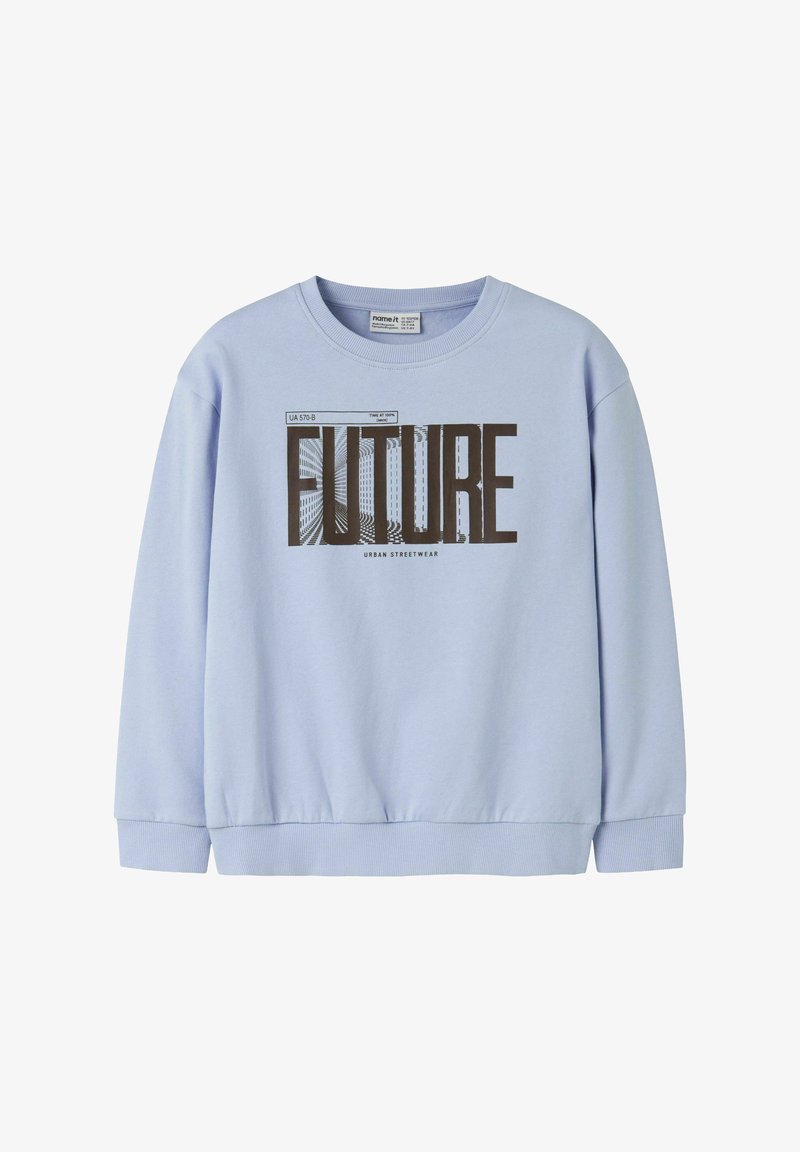 Sweat-shirt bleu clair à manches longues, avec des poignets côtelés et un col rond. Présente un imprimé graphique qui dit "FUTURE" en lettres noires en gras.