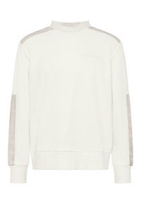 Weißes Sweatshirt mit hohem Kragen, mit transparenten, hellgrauen Akzenten an den Schultern und Ärmeln sowie gerippten Bündchen.