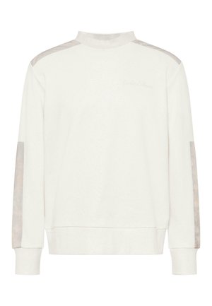 Weißes Sweatshirt mit hohem Kragen, mit transparenten, hellgrauen Akzenten an den Schultern und Ärmeln sowie gerippten Bündchen.