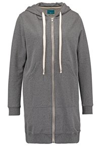 Sweat à capuche gris long zippé avec cordons blancs et poches avant, manches avec poignets et ourlet côtelé.