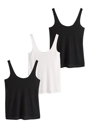 Drei gerippte Tanktops in Schwarz und Weiß mit schmalen Trägern und einem runden Ausschnitt, gefertigt aus einem leichten, dehnbaren Stoff.