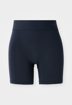 Mørk marineblå shorts laget av glatt, elastisk stoff. Har en bred, elastisk midjebånd og en lengde til midten av låret. Ingen synlige mønstre eller detaljer.