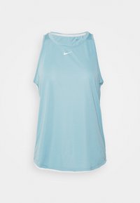 Débardeur de sport bleu clair sans manches en tissu lisse, avec un col rond et un petit logo Nike blanc à l'avant.
