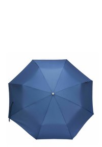 Marine blauwe stof parasol met een octagonaal ontwerp, voorzien van een metalen knop in het midden en een zijband voor compacte opslag.