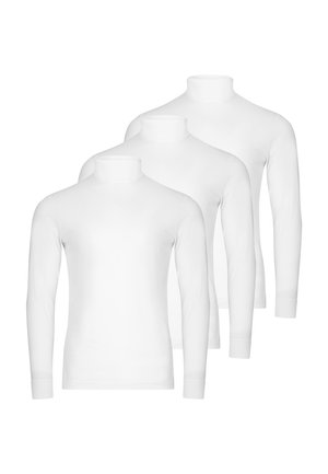 Tre maglie bianche a collo alto e manica lunga disposte in formazione sfalsata e sovrapposta su uno sfondo semplice.