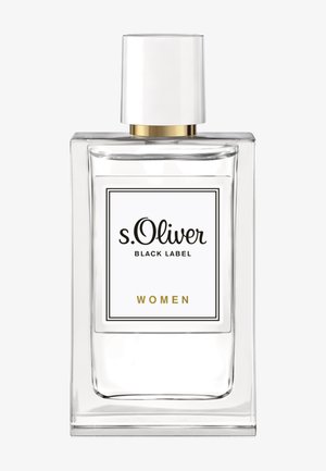 Klares rechteckiges Glasparfümfläschchen mit weißem Verschluss, beschriftet mit "s.Oliver Black Label WOMEN" in schwarzem und goldenem Text.
