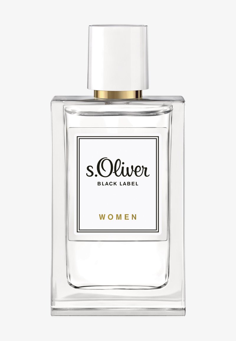 Flacon de parfum rectangulaire en verre transparent avec bouchon blanc, étiqueté "s.Oliver Black Label WOMEN" en texte noir et or.